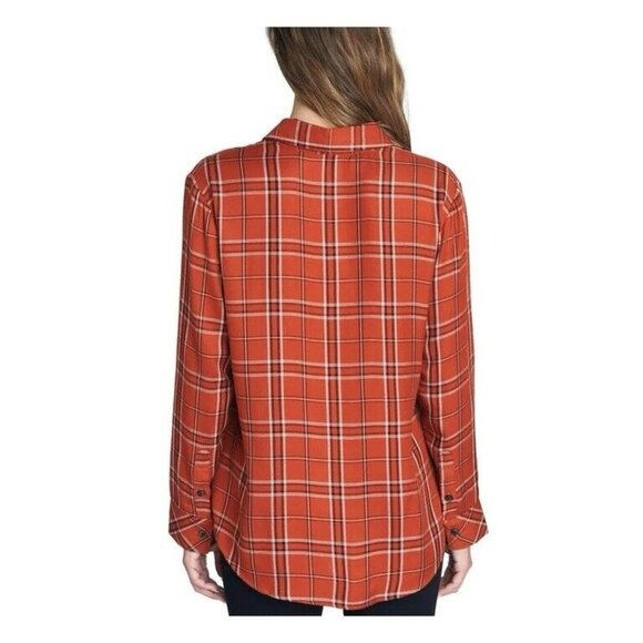 Sanctuary Women Large Plaid Orange Pocket Boyfriend Shirt Top Button NWT - Picture 2 of 10